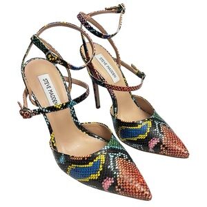 Steve Madden Multicolor Snakeskin 7.5M Pointed Toe Strappy Chic Stiletto Heels